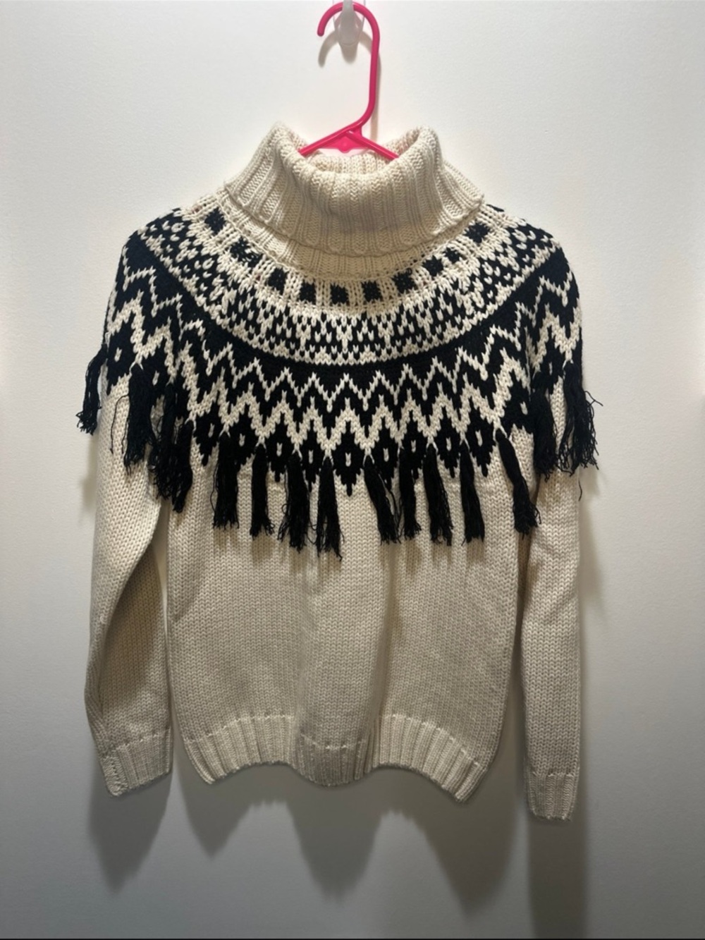 lovestitch Cream & Black Fringe Turtleneck Fair Isle Sweater
